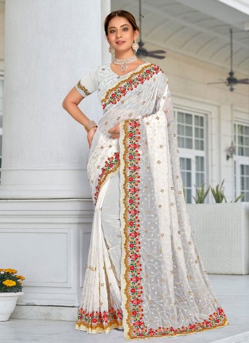 White Georgette Embroidered Contemporary Saree for Reception