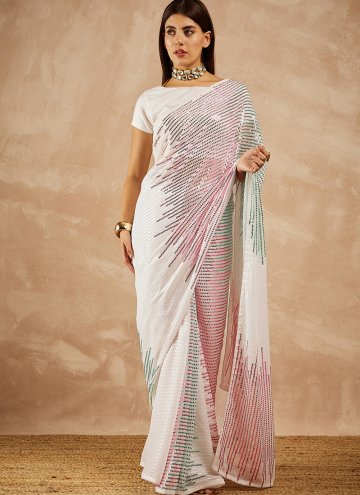 White Georgette Embroidered Shaded Saree for Ceremonial