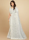 White Georgette Lucknowi Work Classic Designer Saree for Festival - 2