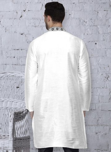 White Kurta in Art Dupion Silk with Embroidered