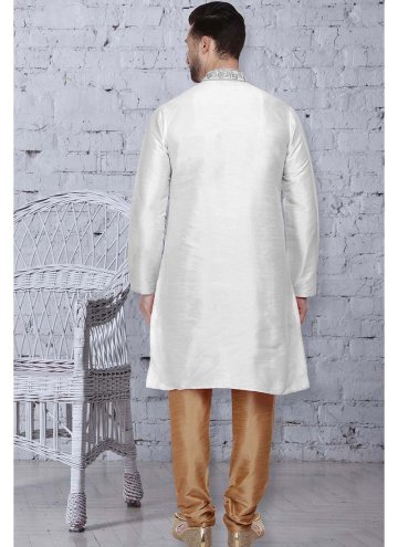 White Kurta Pyjama in Art Dupion Silk with Embroidered