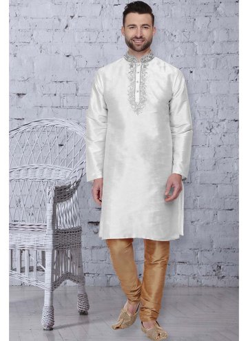 White Kurta Pyjama in Art Dupion Silk with Embroid