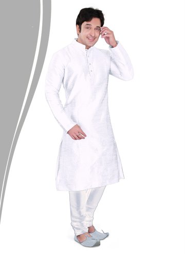 White Kurta Pyjama in Art Dupion Silk with Plain Work