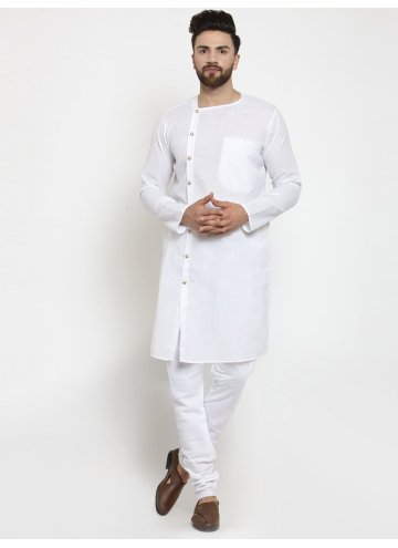 White Kurta Pyjama in Cotton  with Plain Work