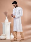 White Kurta Pyjama in Jacquard with Plain Work - 2