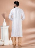 White Kurta Pyjama in Jacquard with Plain Work - 3