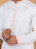 White Kurta Pyjama in Silk with Embroidered - 1