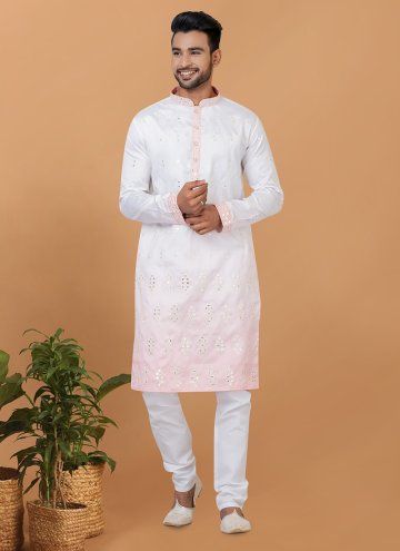 White Kurta Pyjama in Silk with Embroidered