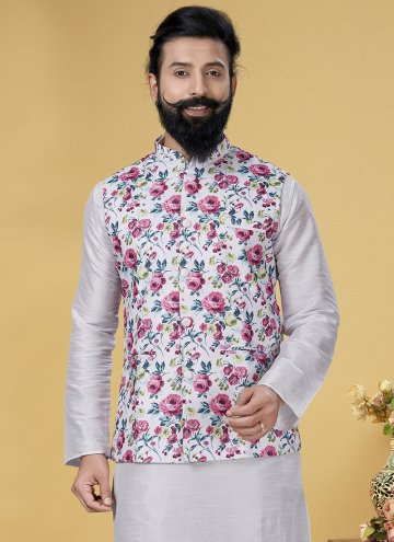 White Nehru Jackets in Cotton  with Printed