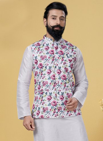 White Nehru Jackets in Cotton  with Printed