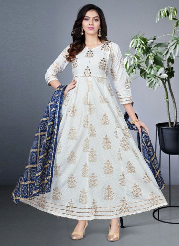 White Rayon Foil Print Readymade Designer Gown