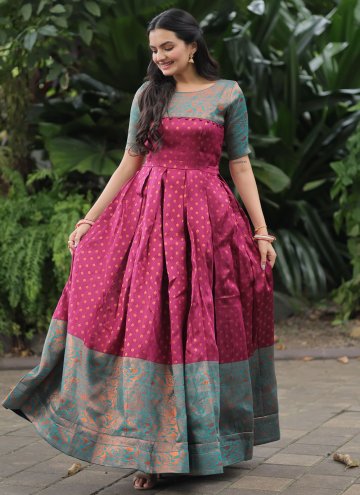 Wine Banarasi Jacquard Woven Designer Gown