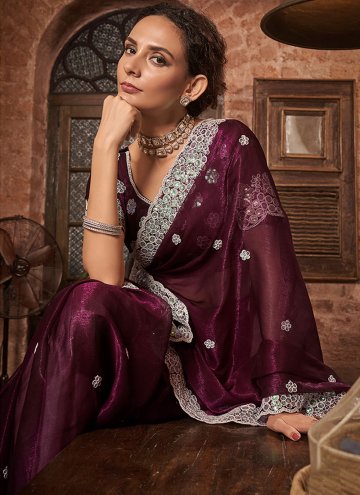Wine Chiffon Embroidered Contemporary Saree for Ceremonial