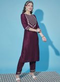 Wine Chinon Embroidered Pant Style Suit for Festival - 3