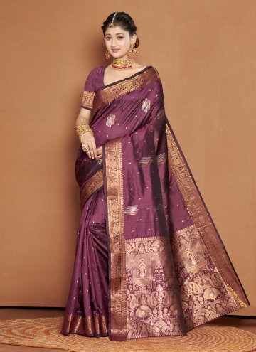 Wine color Banarasi Traditional Saree with Embroidered