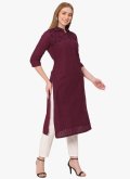 Wine color Embroidered Cotton  Party Wear Kurti - 3