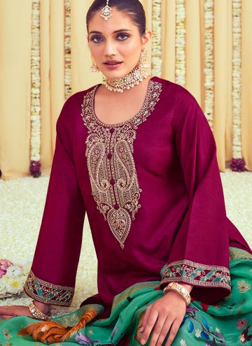 Wine color Embroidered Raw Silk Pakistani Suit