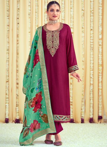 Wine color Embroidered Raw Silk Pakistani Suit