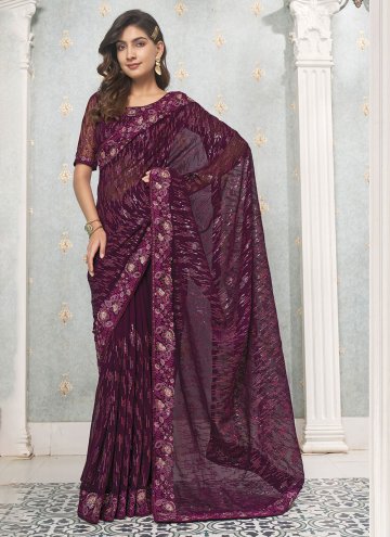 Wine color Faux Georgette Contemporary Saree with Embroidered