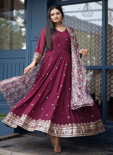 Wine color Faux Georgette Readymade Designer Gown with Embroidered