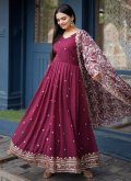 Wine color Faux Georgette Readymade Designer Gown with Embroidered - 2