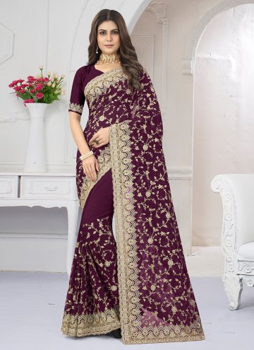 Wine color Georgette Contemporary Saree with Embroidered