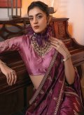 Wine color Satin Contemporary Saree with Embroidered - 1