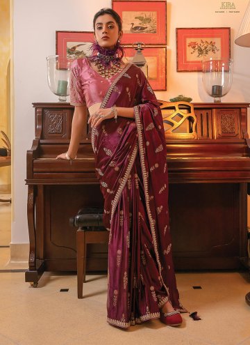 Wine color Satin Contemporary Saree with Embroidered