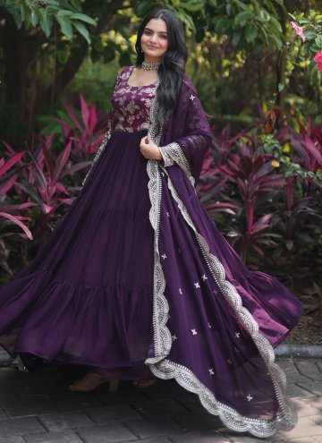 Wine Designer Gown in Georgette with Embroidered