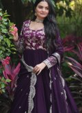 Wine Designer Gown in Georgette with Embroidered - 2