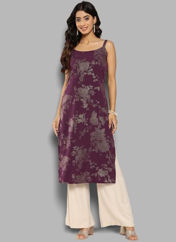 Wine Faux Crepe Floral Print Casual Kurti for Casual
