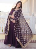 Wine Faux Georgette Embroidered Designer Gown - 2