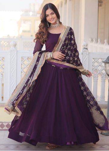Wine Faux Georgette Embroidered Designer Gown
