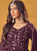 Wine Faux Georgette Embroidered Salwar Suit - 1