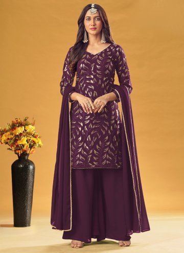 Wine Faux Georgette Embroidered Salwar Suit