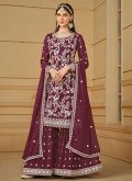 Wine Faux Georgette Embroidered Salwar Suit for Ceremonial - 1
