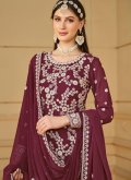 Wine Faux Georgette Embroidered Salwar Suit for Ceremonial - 2