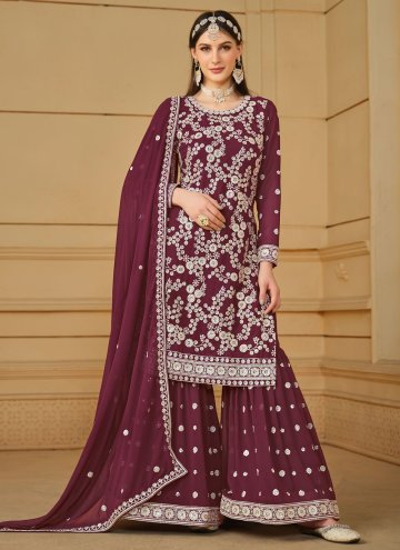 Wine Faux Georgette Embroidered Salwar Suit for Ceremonial