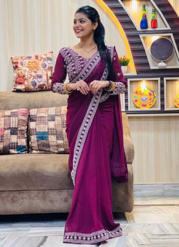 Wine Georgette Embroidered Casual Saree