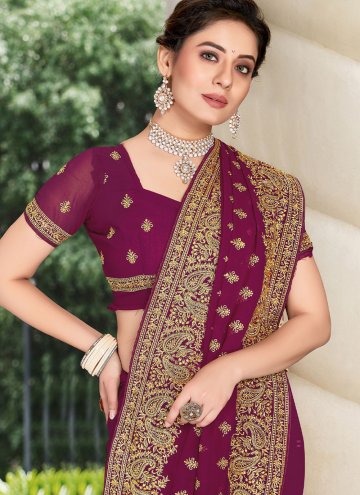 Wine Georgette Embroidered Trendy Saree for Ceremonial