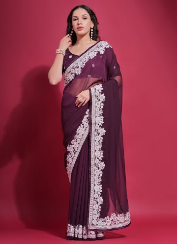 Wine Georgette Embroidered Trendy Saree for Ceremonial