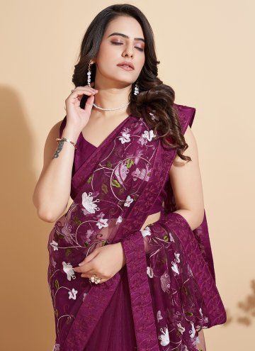 Wine Net Embroidered Traditional Saree