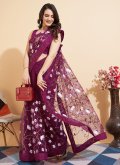 Wine Net Embroidered Traditional Saree - 3