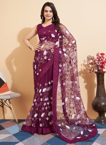 Wine Net Embroidered Traditional Saree