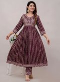 Wine Pant Style Suit in Cotton  with Embroidered - 2
