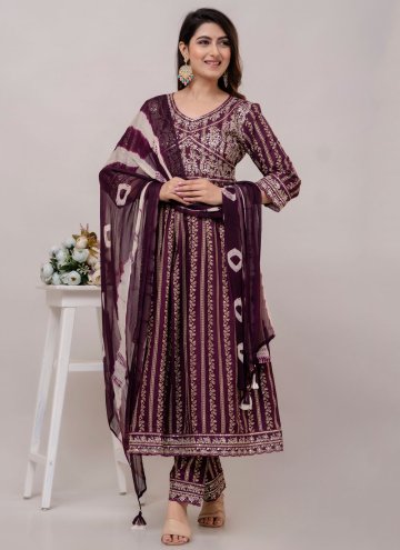 Wine Pant Style Suit in Cotton  with Embroidered