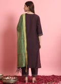 Wine Pant Style Suit in Silk Blend with Embroidered - 1