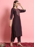 Wine Pant Style Suit in Silk Blend with Embroidered - 3