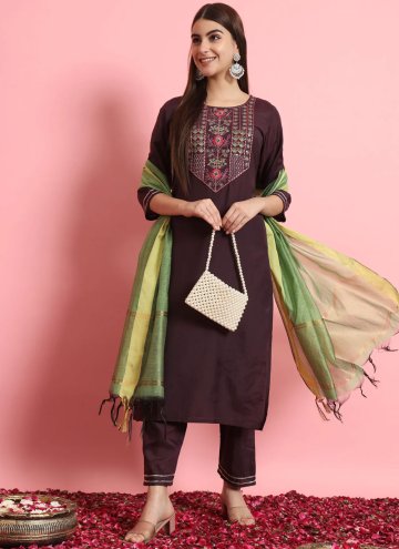 Wine Pant Style Suit in Silk Blend with Embroidered