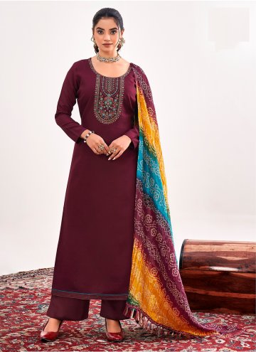 Wine Rayon Embroidered Salwar Suit for Ceremonial